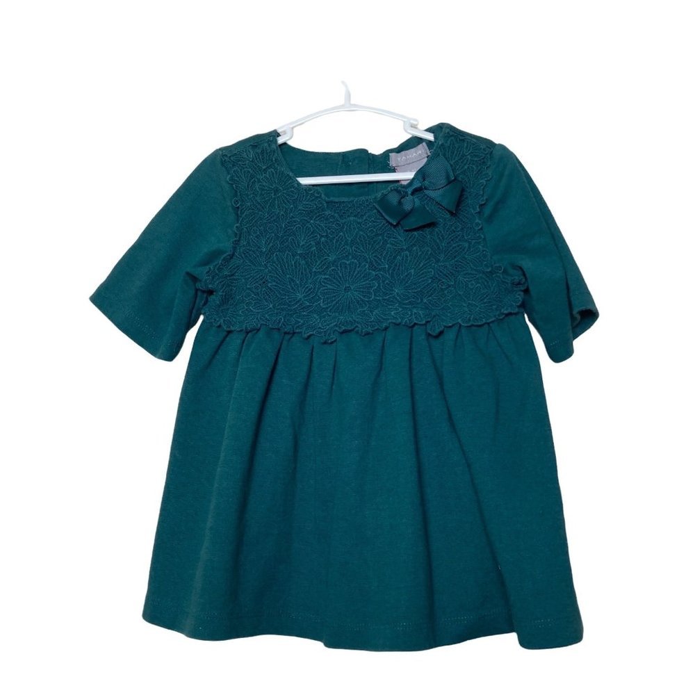 Tahari Girls Size 4T Green Floral Lace Dress Back Button Front Bow Holiday